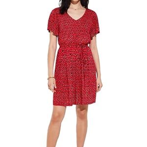 Loft Red Summer Dress Ikat Print Tie Waist Flare
